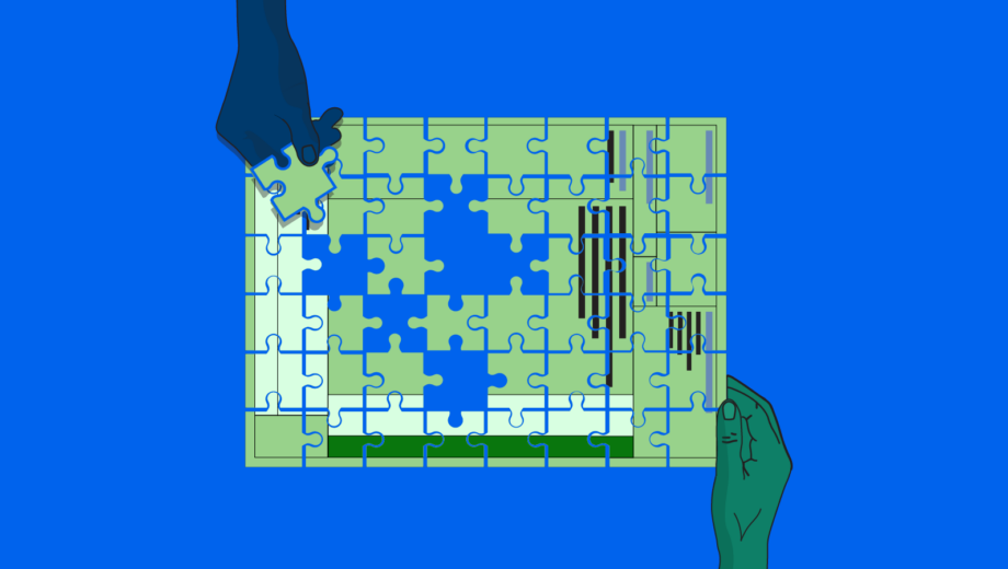Blue background with hands reaching out holding puzzle piece and hand holding a puzzle perscription