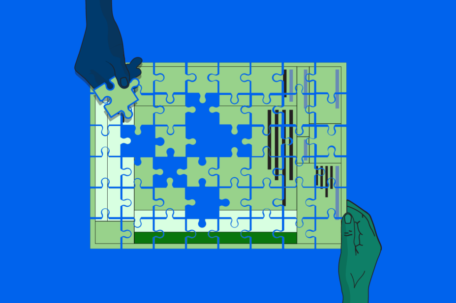 Blue background with hands reaching out holding puzzle piece and hand holding a puzzle perscription