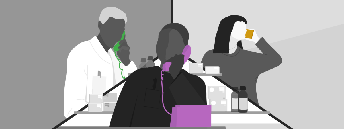Doctor in white coat holding a green phone, pharmacist in the middle holding a purple phone and patient out and about on the right holding a yellow phone. Everything else is in black and white.