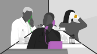 Doctor in white coat holding a green phone, pharmacist in the middle holding a purple phone and patient out and about on the right holding a yellow phone. Everything else is in black and white.