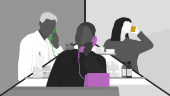 Doctor in white coat holding a green phone, pharmacist in the middle holding a purple phone and patient out and about on the right holding a yellow phone. Everything else is in black and white.