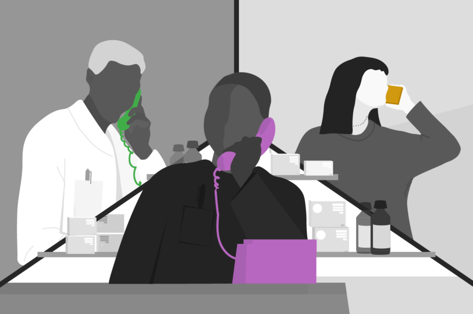 Doctor in white coat holding a green phone, pharmacist in the middle holding a purple phone and patient out and about on the right holding a yellow phone. Everything else is in black and white.