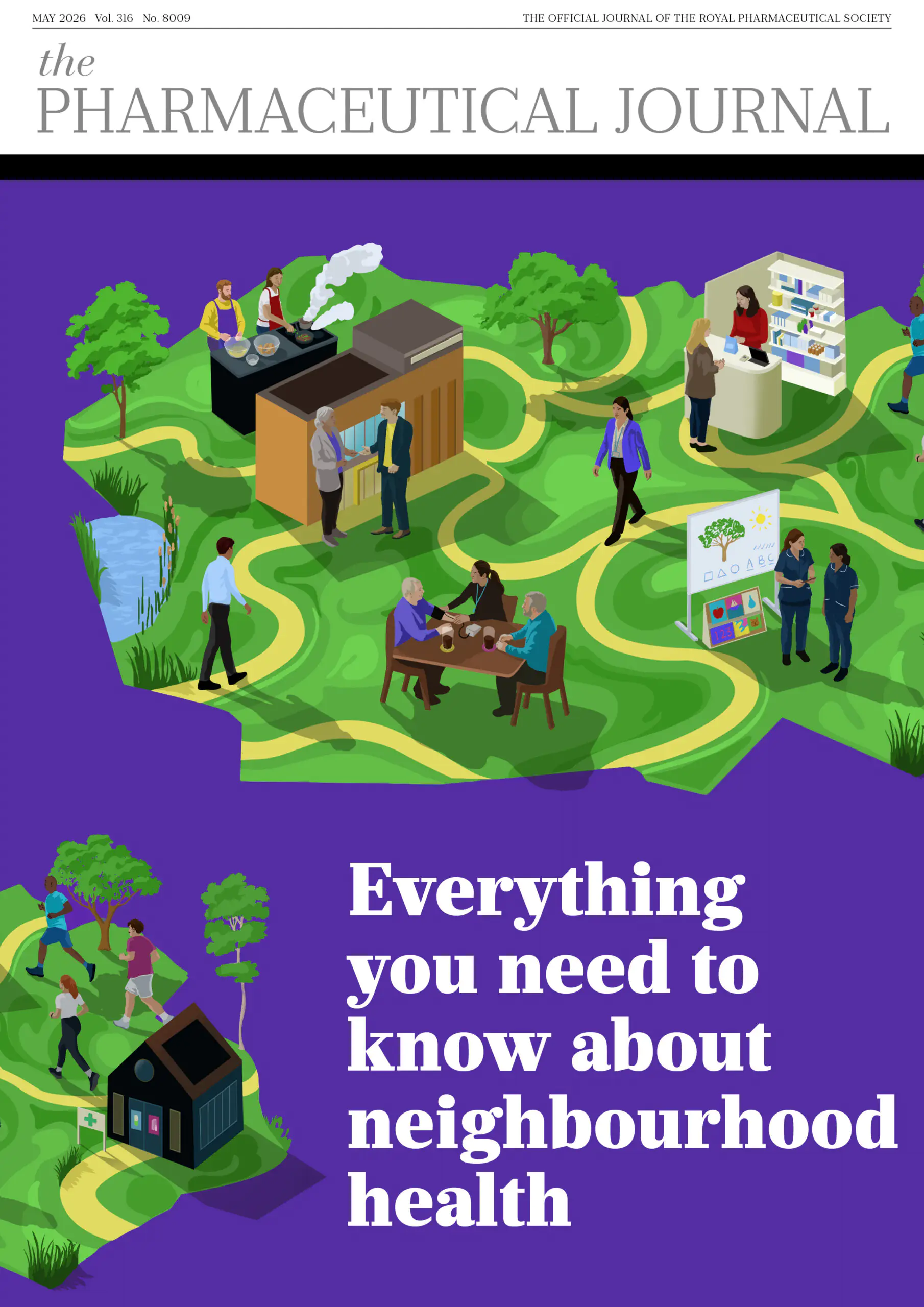 Issue cover of May 2026 publication. Purple background and artwork of neighbourhood health used. Title: Everything you need to know about neighbourhood health