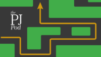 PJ pod logo on dark grey background with green shapes and yellow arrow making a path between