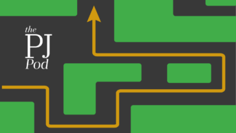 PJ pod logo on dark grey background with green shapes and yellow arrow making a path between