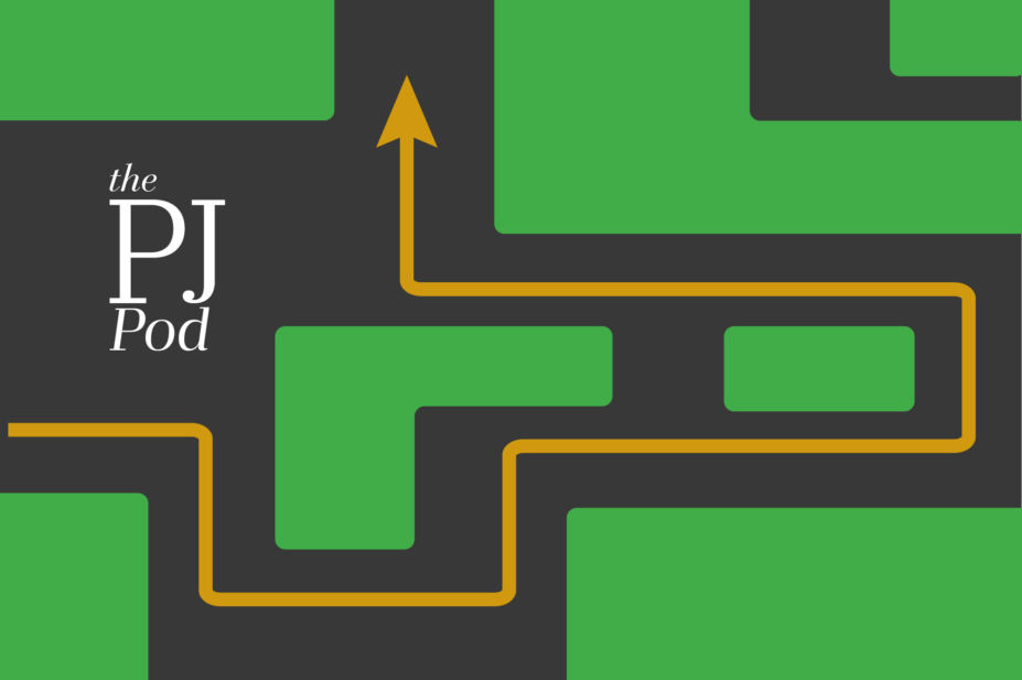 PJ pod logo on dark grey background with green shapes and yellow arrow making a path between