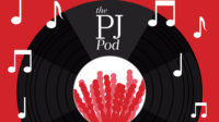 Red background, record in centre with penicillin in centre. Musical notes in white around and words: the PJ pod