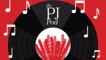 Red background, record in centre with penicillin in centre. Musical notes in white around and words: the PJ pod