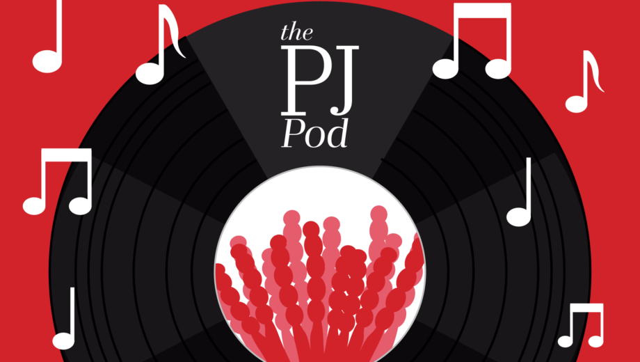 Red background, record in centre with penicillin in centre. Musical notes in white around and words: the PJ pod