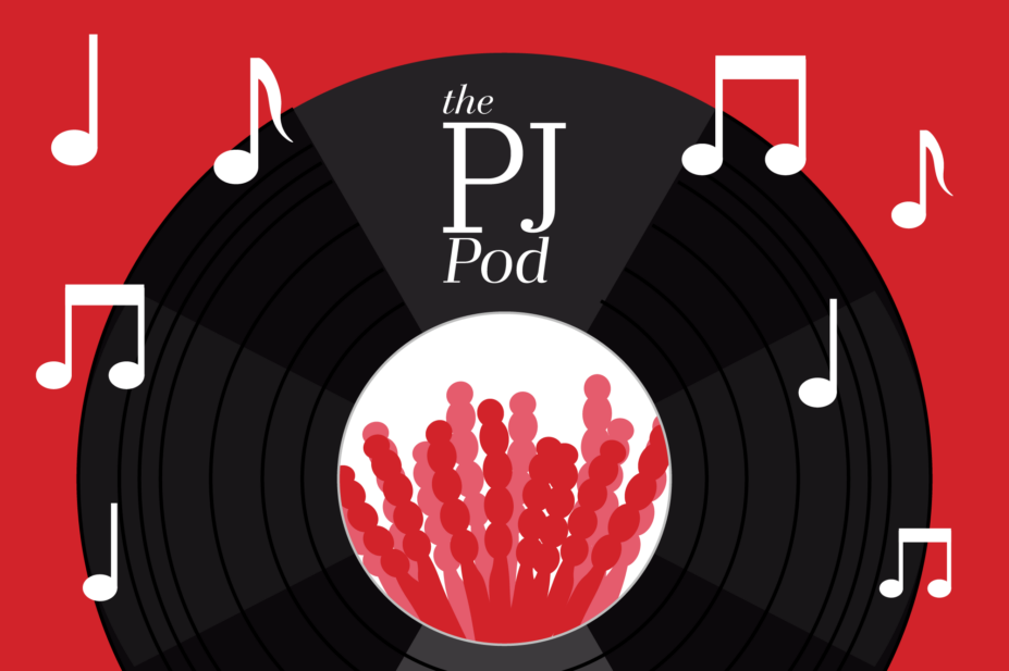 Red background, record in centre with penicillin in centre. Musical notes in white around and words: the PJ pod