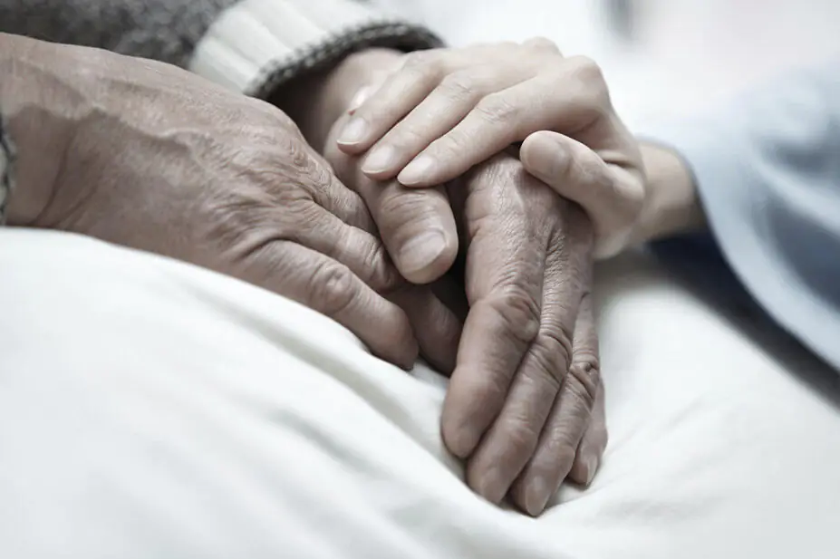 A loved one holds a patient's hand while they lay in a hospital bed