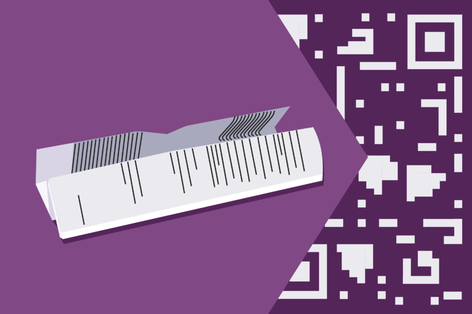 Purple background, with a patient information leaflet on the left and QR code on right