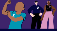 Purple background with elements from the Be aware be empowered campaign. On the left shows a pharmacist in empowered position and on right a man and woman graphic with cancer ribbons