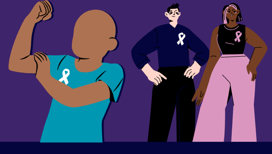 Purple background with elements from the Be aware be empowered campaign. On the left shows a pharmacist in empowered position and on right a man and woman graphic with cancer ribbons