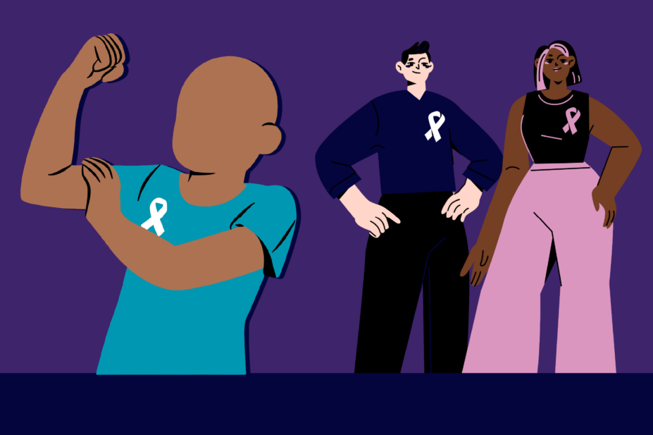 Purple background with elements from the Be aware be empowered campaign. On the left shows a pharmacist in empowered position and on right a man and woman graphic with cancer ribbons