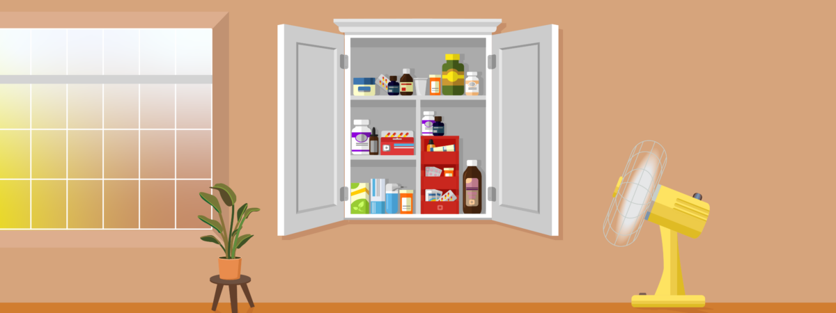 A window with whites yellows and oranges behind, shines into a room with terracotta walls. In the middle a medicine cabinet full of pharmaceuticals. On the right a fan and a wilting plant
