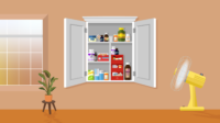 A window with whites yellows and oranges behind, shines into a room with terracotta walls. In the middle a medicine cabinet full of pharmaceuticals. On the right a fan and a wilting plant