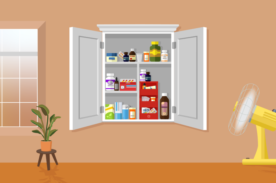 A window with whites yellows and oranges behind, shines into a room with terracotta walls. In the middle a medicine cabinet full of pharmaceuticals. On the right a fan and a wilting plant