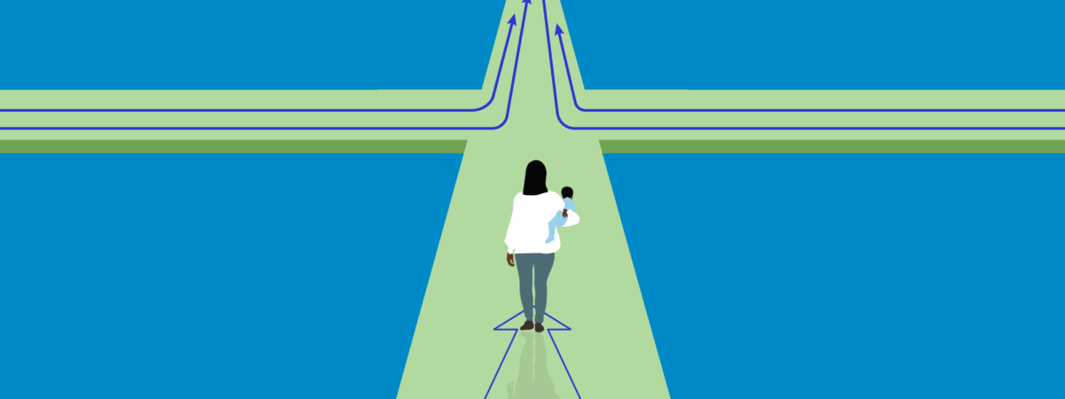 Blue background with green cross shape on top, dark blue arrows from either side progress into distance. In the middle a woman and her child look on from a distance