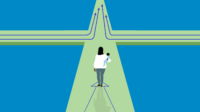Blue background with green cross shape on top, dark blue arrows from either side progress into distance. In the middle a woman and her child look on from a distance
