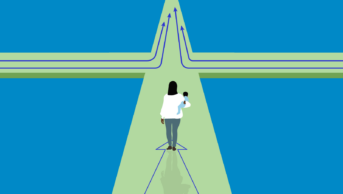 Blue background with green cross shape on top, dark blue arrows from either side progress into distance. In the middle a woman and her child look on from a distance