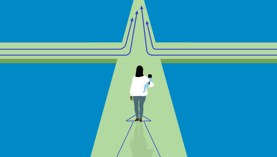 Blue background with green cross shape on top, dark blue arrows from either side progress into distance. In the middle a woman and her child look on from a distance