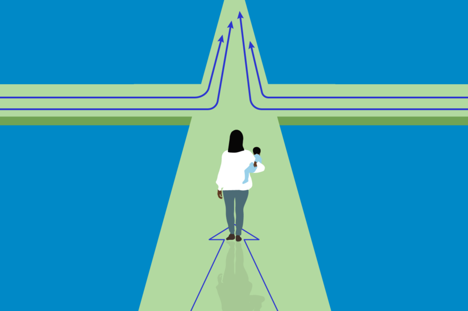 Blue background with green cross shape on top, dark blue arrows from either side progress into distance. In the middle a woman and her child look on from a distance