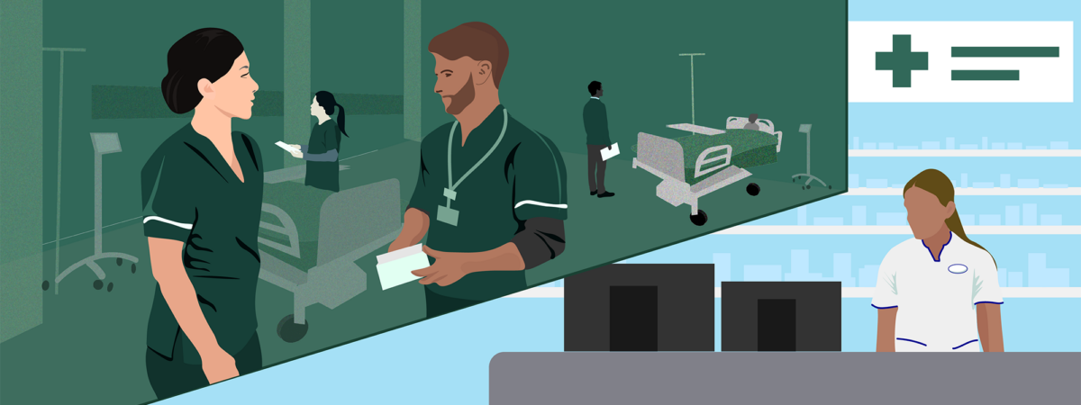 Green section showing lots of hospital pharmacists in a ward and light blue section showing a community pharmacy