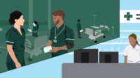 Green section showing lots of hospital pharmacists in a ward and light blue section showing a community pharmacy