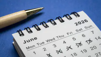 Blue background with pen and calendar showing June 2026 and 5 days crossed out