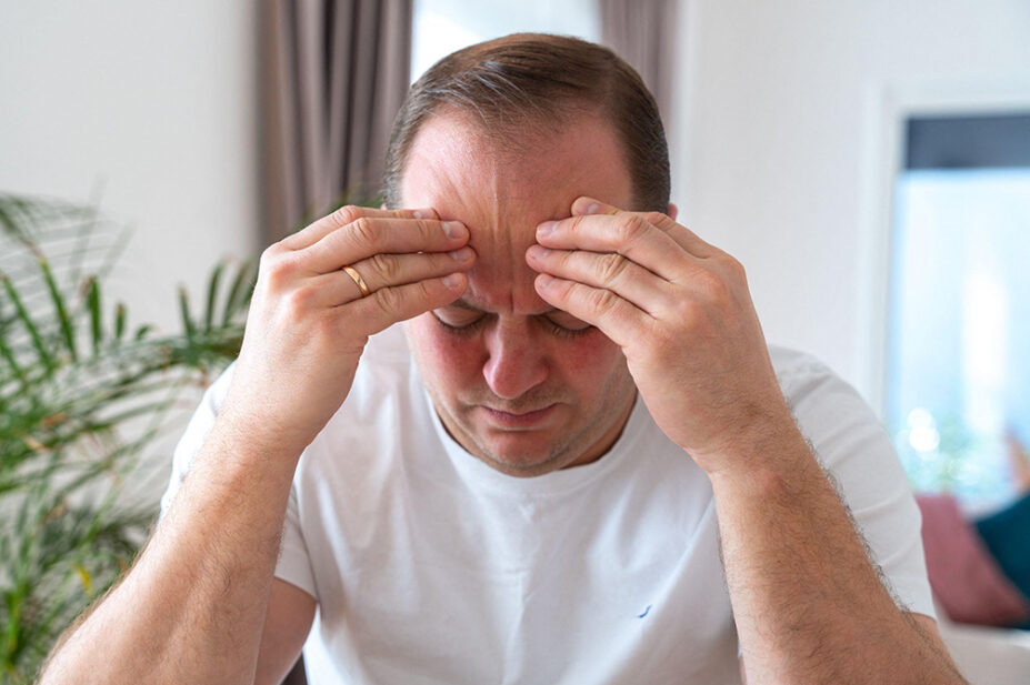 A man suffers from a migraine