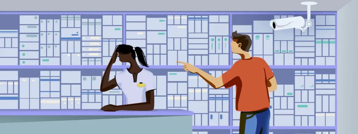 A scene at a pharmacy counter, a pharmacist hold's her head and a customer points aggressively. In the background are pharmacy shelves and a CCTV camera.