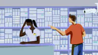 A scene at a pharmacy counter, a pharmacist hold's her head and a customer points aggressively. In the background are pharmacy shelves and a CCTV camera.