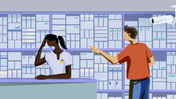 A scene at a pharmacy counter, a pharmacist hold's her head and a customer points aggressively. In the background are pharmacy shelves and a CCTV camera.