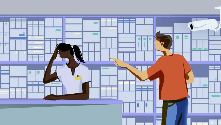 A scene at a pharmacy counter, a pharmacist hold's her head and a customer points aggressively. In the background are pharmacy shelves and a CCTV camera.
