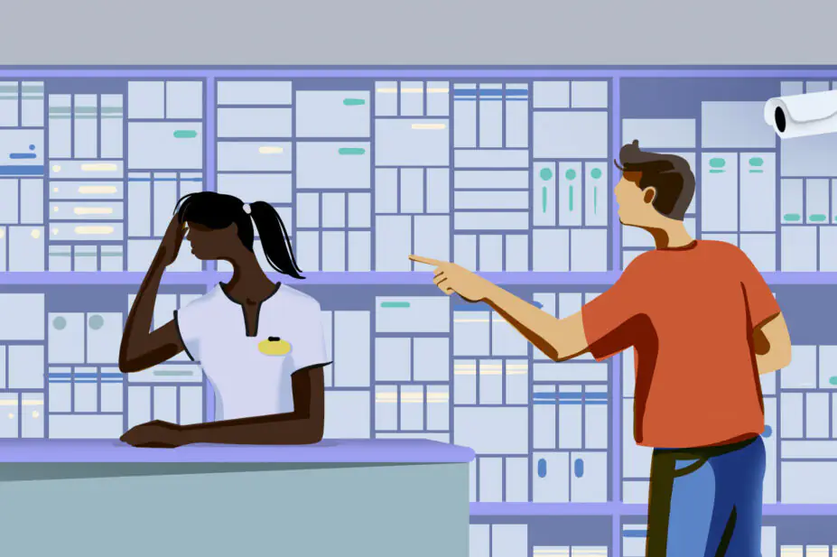 A scene at a pharmacy counter, a pharmacist hold's her head and a customer points aggressively. In the background are pharmacy shelves and a CCTV camera.