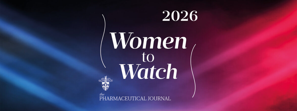 Dark background with spotlights coming from the left and right, blue and pink respectively and the words 'Women to watch, 2026, Pharmaceutical Journal' and RC crest in white