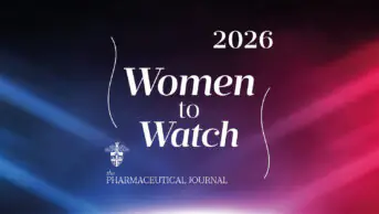 Dark background with spotlights coming from the left and right, blue and pink respectively and the words 'Women to watch, 2026, Pharmaceutical Journal' and RC crest in white