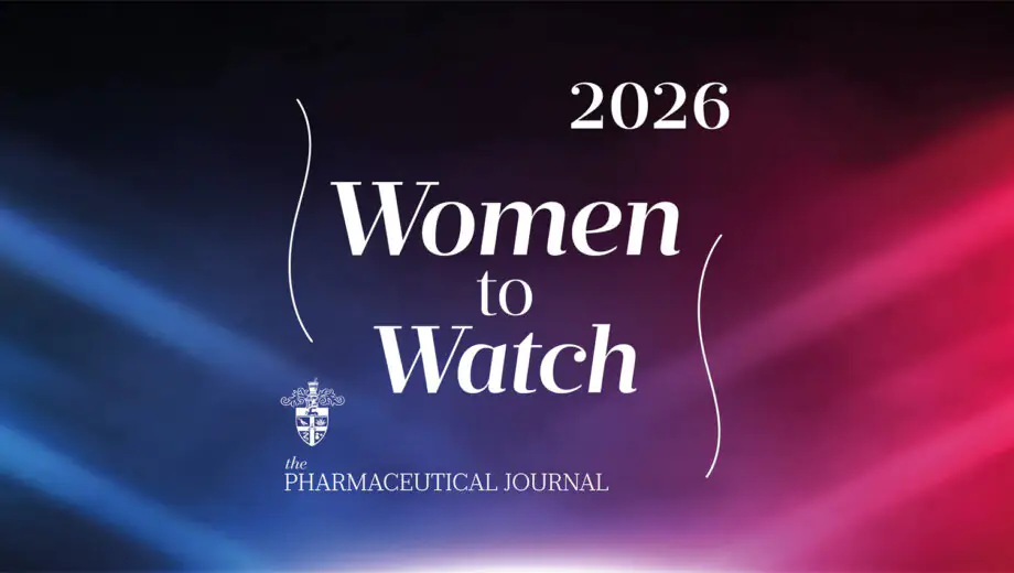 Dark background with spotlights coming from the left and right, blue and pink respectively and the words 'Women to watch, 2026, Pharmaceutical Journal' and RC crest in white