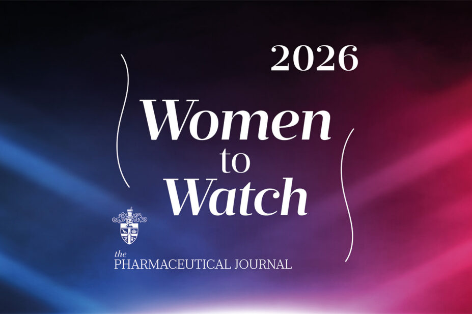 Dark background with spotlights coming from the left and right, blue and pink respectively and the words 'Women to watch, 2026, Pharmaceutical Journal' and RC crest in white