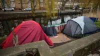 A view of rough sleeper's tents next to the Grand Canal in Dublin