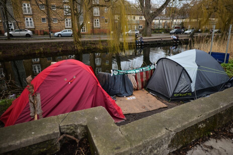 A view of rough sleeper's tents next to the Grand Canal in Dublin
