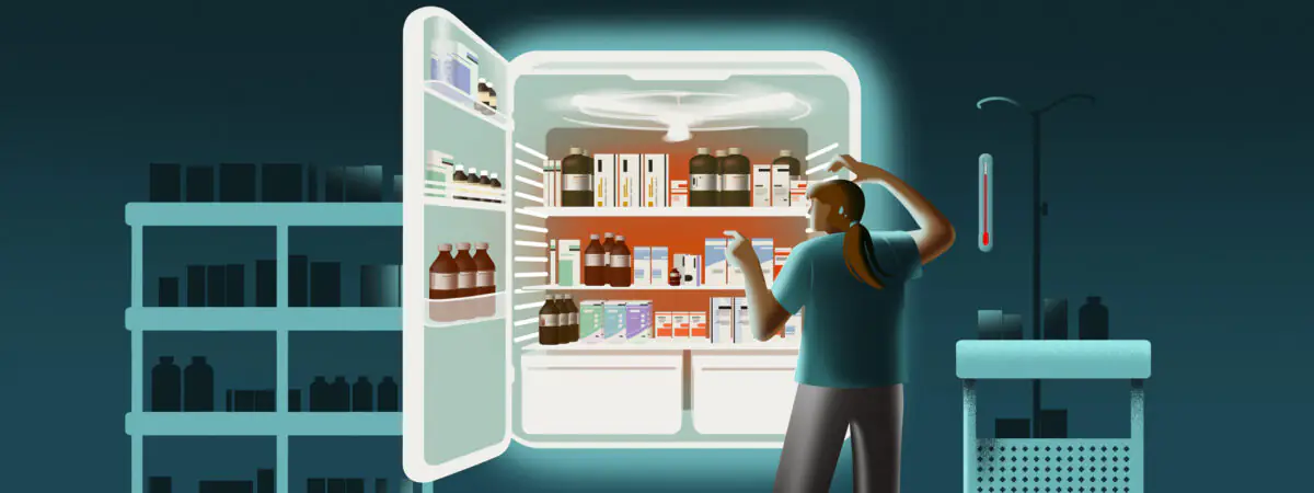 A dark blue/green background indicates a hospital ward at night, a pharmacist goes to a fridge which is keeping all the medicines, light from the back light illuminates the pharmacist and the medicines. The medicine looks too warm with a glowing red colour