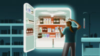 A dark blue/green background indicates a hospital ward at night, a pharmacist goes to a fridge which is keeping all the medicines, light from the back light illuminates the pharmacist and the medicines. The medicine looks too warm with a glowing red colour