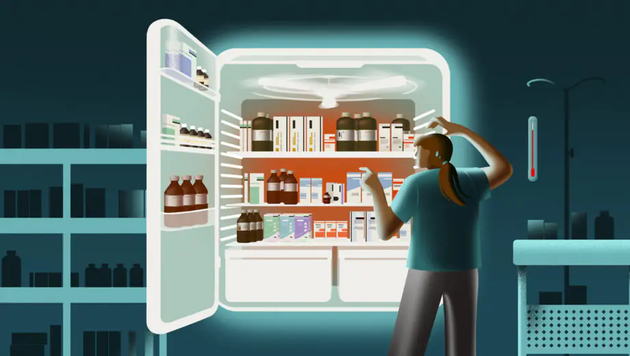 A dark blue/green background indicates a hospital ward at night, a pharmacist goes to a fridge which is keeping all the medicines, light from the back light illuminates the pharmacist and the medicines. The medicine looks too warm with a glowing red colour