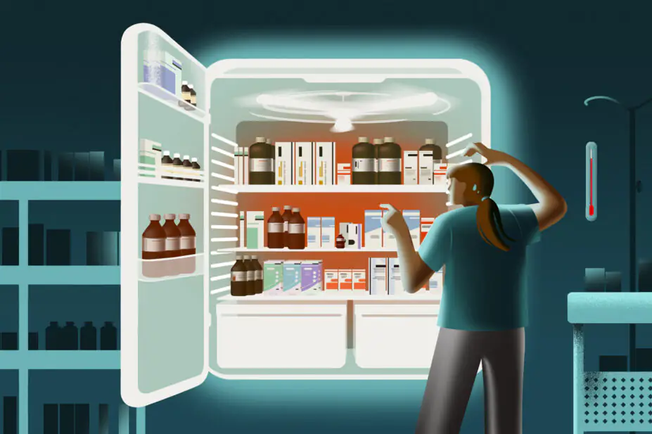 A dark blue/green background indicates a hospital ward at night, a pharmacist goes to a fridge which is keeping all the medicines, light from the back light illuminates the pharmacist and the medicines. The medicine looks too warm with a glowing red colour