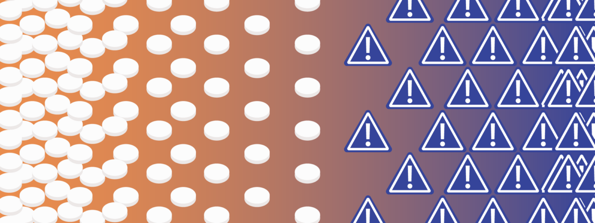Orange gradient to dark blue background. White pills from the left from many to few in the centre of the image become warning signs in white and dark blue which multiply towards the right