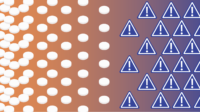 Orange gradient to dark blue background. White pills from the left from many to few in the centre of the image become warning signs in white and dark blue which multiply towards the right