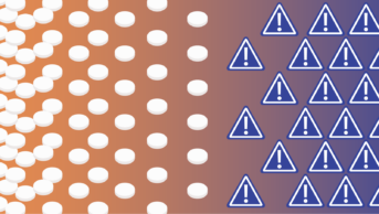 Orange gradient to dark blue background. White pills from the left from many to few in the centre of the image become warning signs in white and dark blue which multiply towards the right