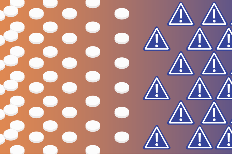 Orange gradient to dark blue background. White pills from the left from many to few in the centre of the image become warning signs in white and dark blue which multiply towards the right